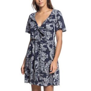 NWT ROXY Summer on Top Floral Tie Front A-line Dress Small Navy Indigo